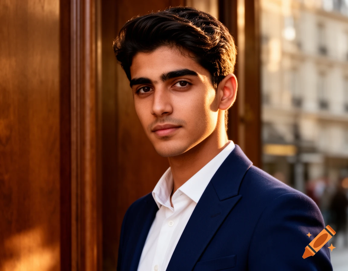 Photorealistic close-up portrait of a young man with dark hair, wearing a navy suit and white shirt, looking at the viewer. Golden light illuminates his face and hair from the side, with a blurred urban background.
