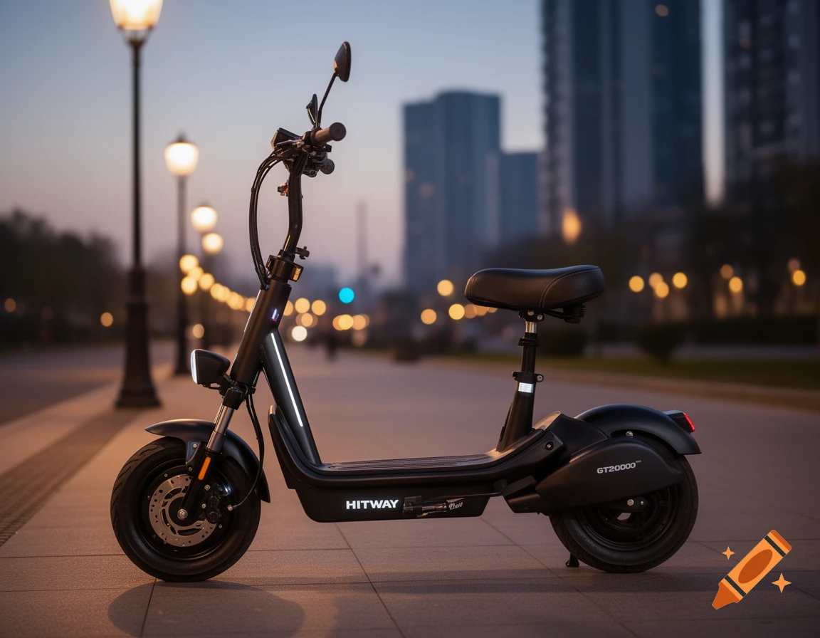 A black electric scooter with white light accents parked on a city sidewalk at dusk, with blurred streetlights and buildings in the background.