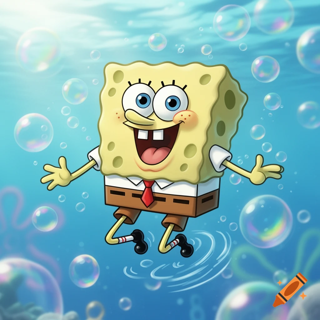 A cheerful SpongeBob SquarePants floats happily in bright blue underwater, surrounded by many glistening bubbles.