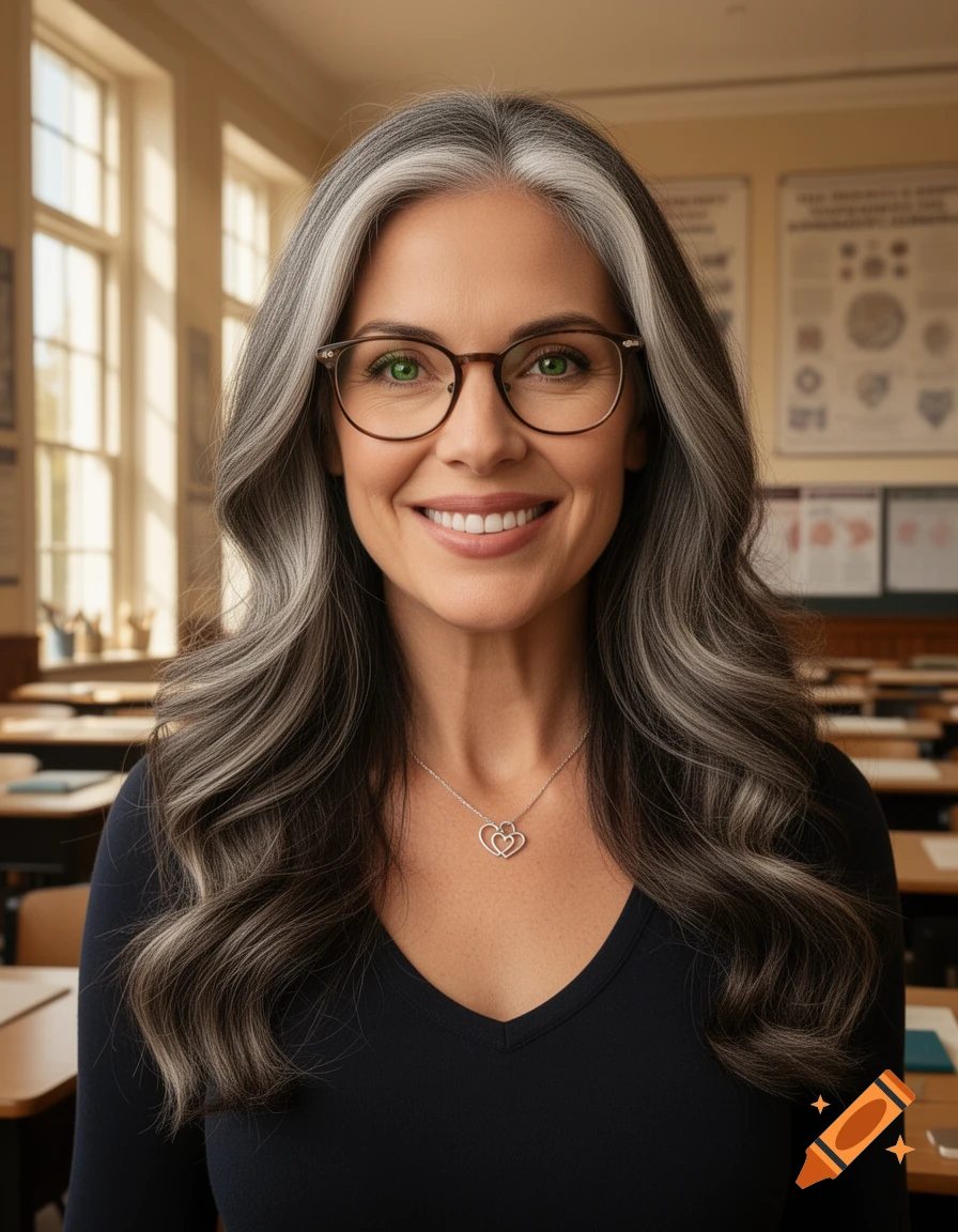 A smiling woman with long wavy graying hair and glasses wears a heart necklace in a sunny classroom.