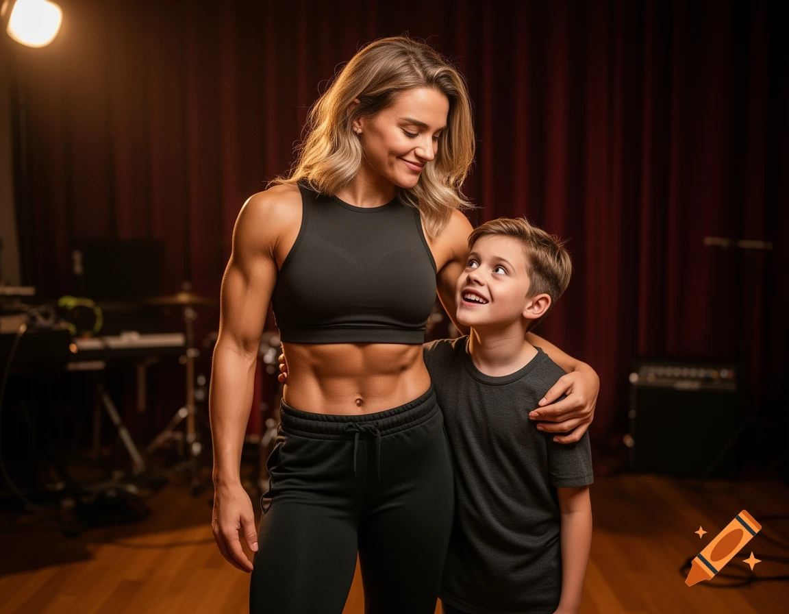 A fit woman in a black sports top and black pants with her arm around a young boy, smiling in a warmly lit backstage room.