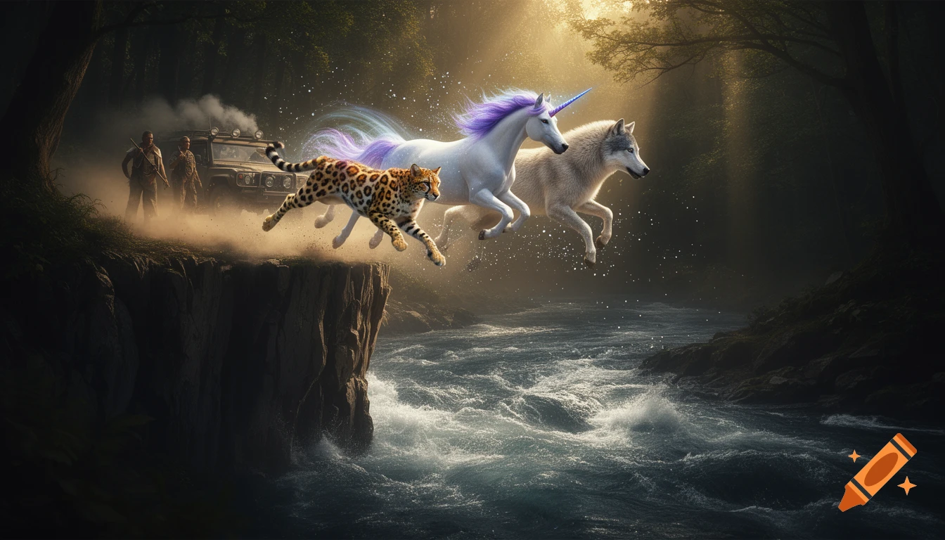 A unicorn, wolf, and cheetah leap from a cliff into a rushing river as human trappers watch from behind. Fantasy concept art.