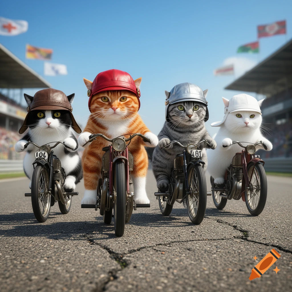 Four cute cats wearing helmets ride vintage motorcycles on a race track under a blue sky.