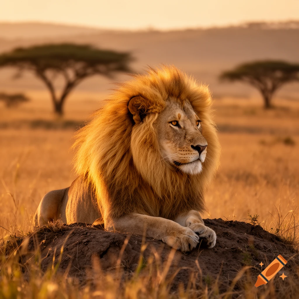 A majestic lion with a golden mane rests on a mound in a sunlit savanna with acacia trees in the background.