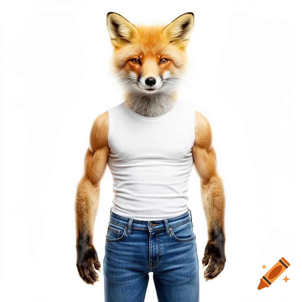 Muscular anthropomorphic fox with a realistic head, wearing a white sleeveless shirt and blue jeans against a white background.