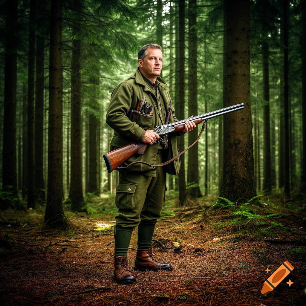 A man in a green hunting jacket and pants, holding a double-barrel shotgun, stands in a dense pine forest.