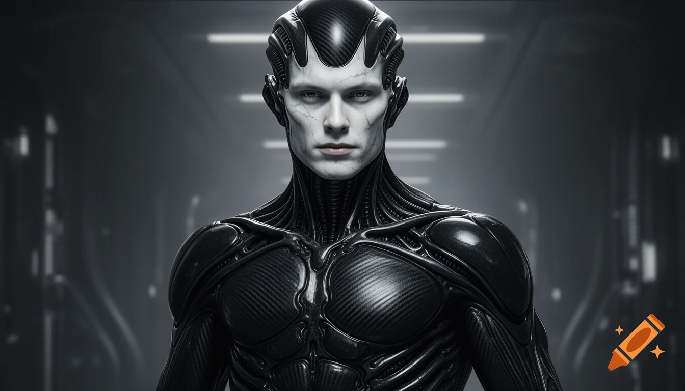 A stern human-alien hybrid soldier in a black biomechanical carbon fiber suit with pale marble skin stands in a dark sci-fi corridor.