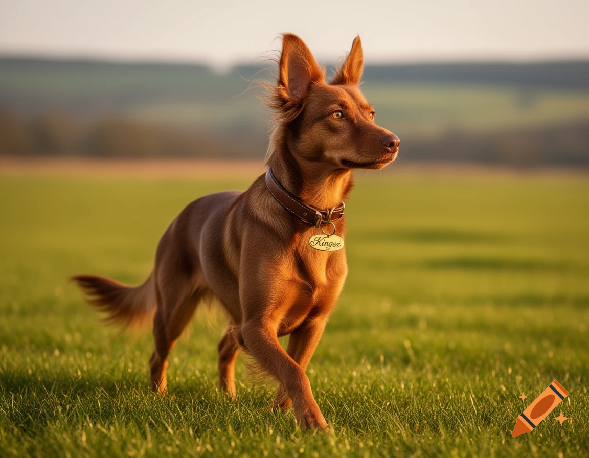 A brown dog with pointed ears and a collar with a 'Kinger' tag walks through a sunny green field.