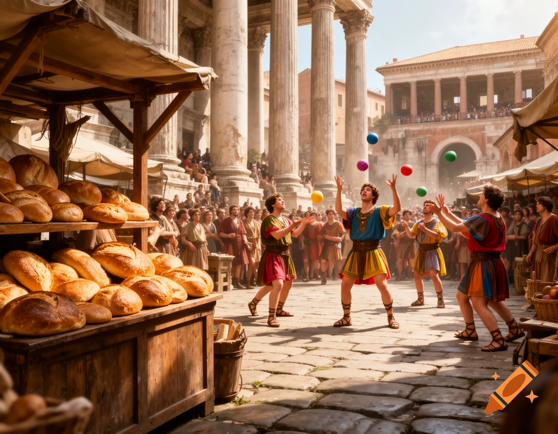 Three men juggle colorful balls in a bustling ancient Roman marketplace with bread stalls and classical columns and buildings.