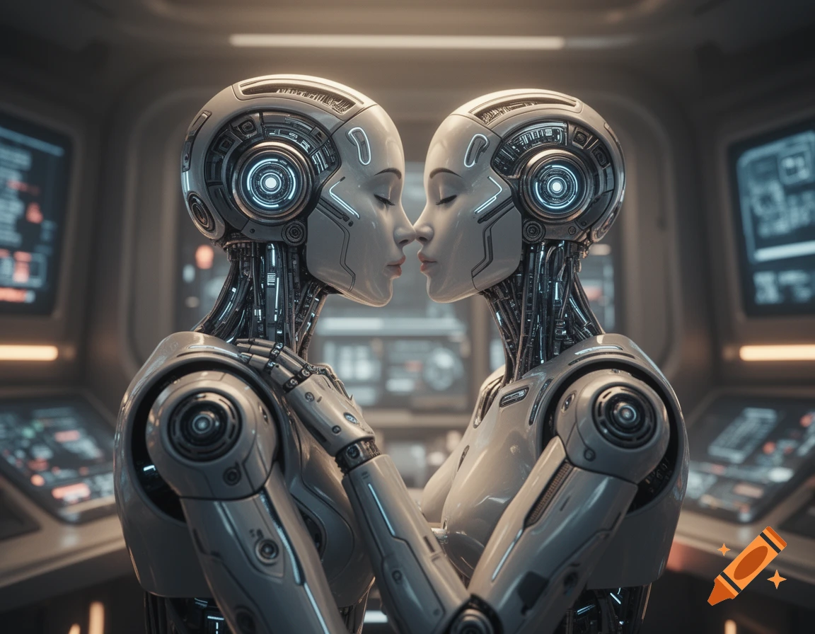 Two humanoid robots with glowing blue accents kiss in a futuristic control room, side profile, photorealistic style.