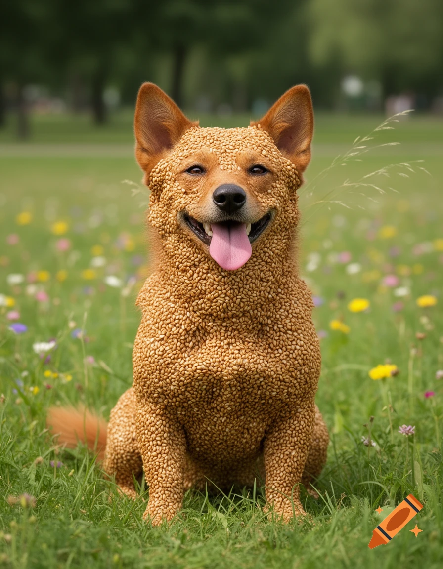A smiling dog covered in small brown seeds sits in a green, flower-filled meadow.