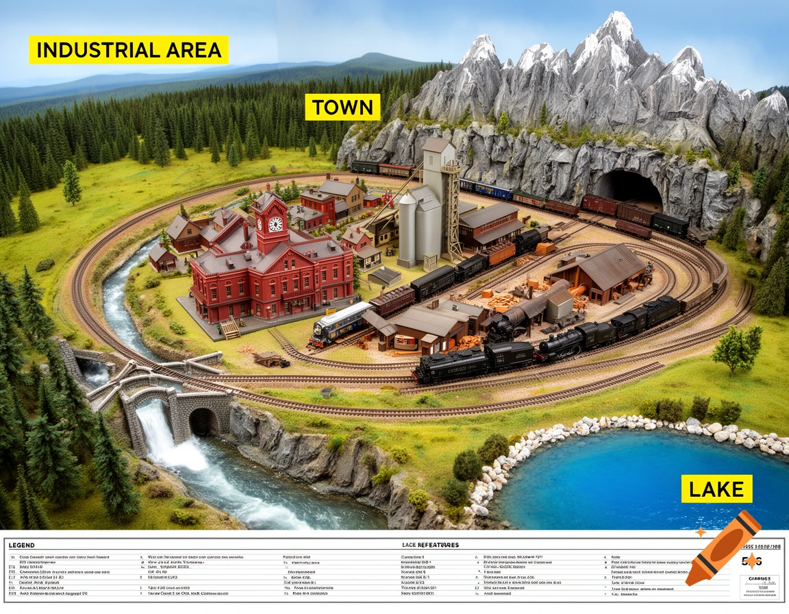 An overhead view of a detailed N scale model train diorama featuring a town, industrial area, river, waterfall, rocky mountains, dense forest, and a blue lake.