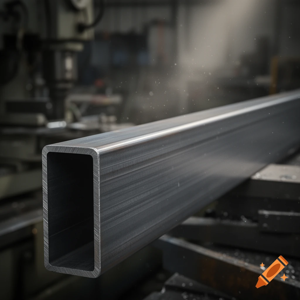A photorealistic close-up of a rectangular metal pipe with a brushed finish, resting in a dusty industrial workshop.