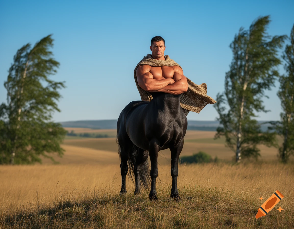 Photorealistic image of a muscular centaur wearing a shawl, standing in a golden field under a clear blue sky.