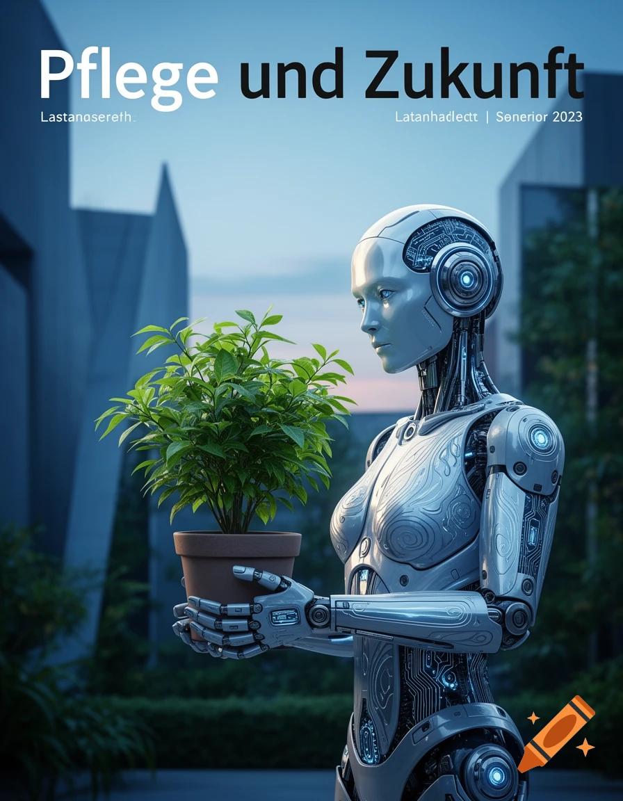A futuristic silver robot with glowing blue eyes holds a potted green plant against a backdrop of modern buildings and a blue sky, designed as a magazine cover.