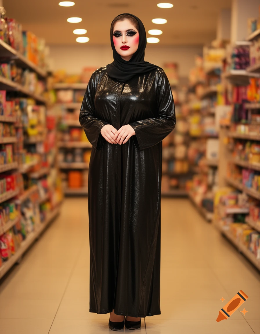A woman in a shiny black abaya and hijab, with heavy dramatic makeup, stands in a supermarket aisle.