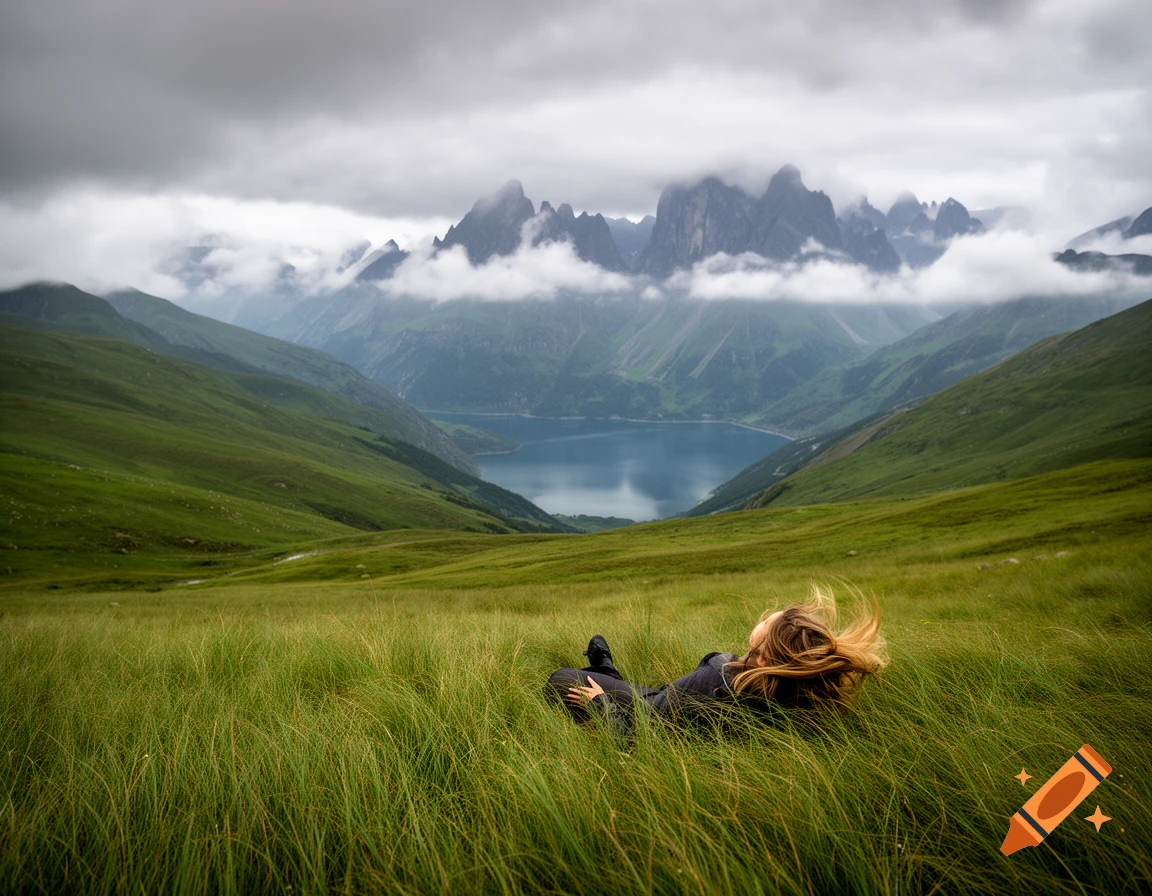 A person with blonde hair lies in tall green grass, looking at a serene lake and cloudy mountains.