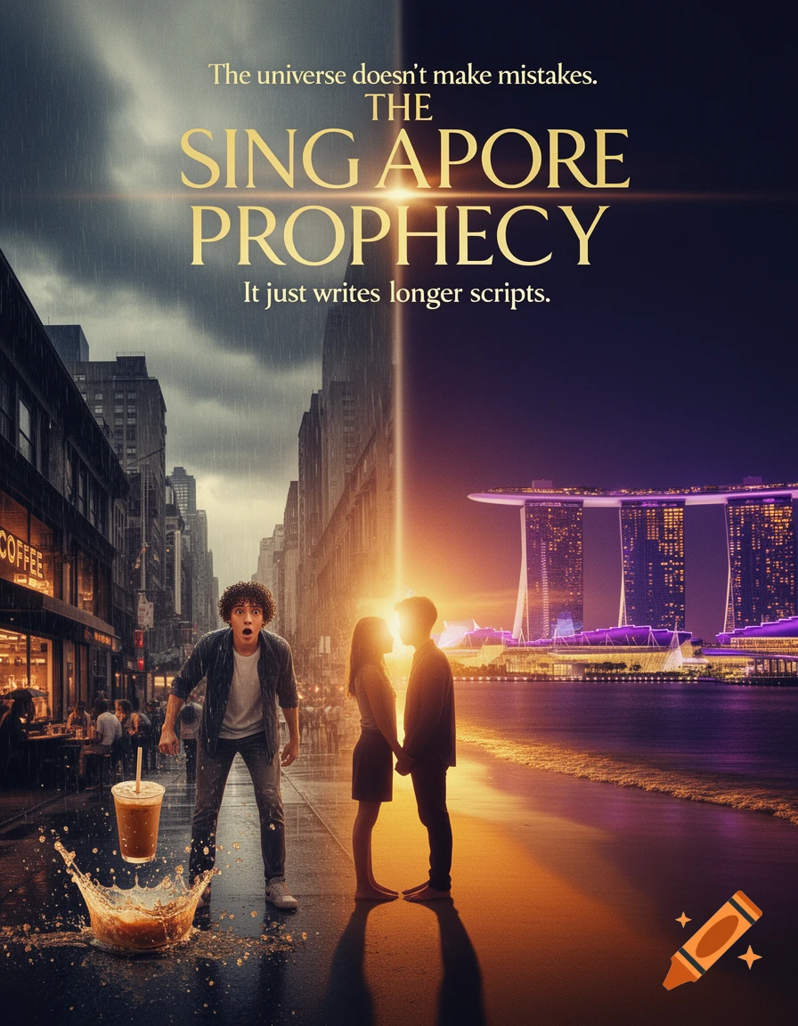 A cinematic movie poster for "The Singapore Prophecy" showing a man reacting to spilled coffee on a rainy city street, and a silhouetted couple on a beach with a neon city skyline.