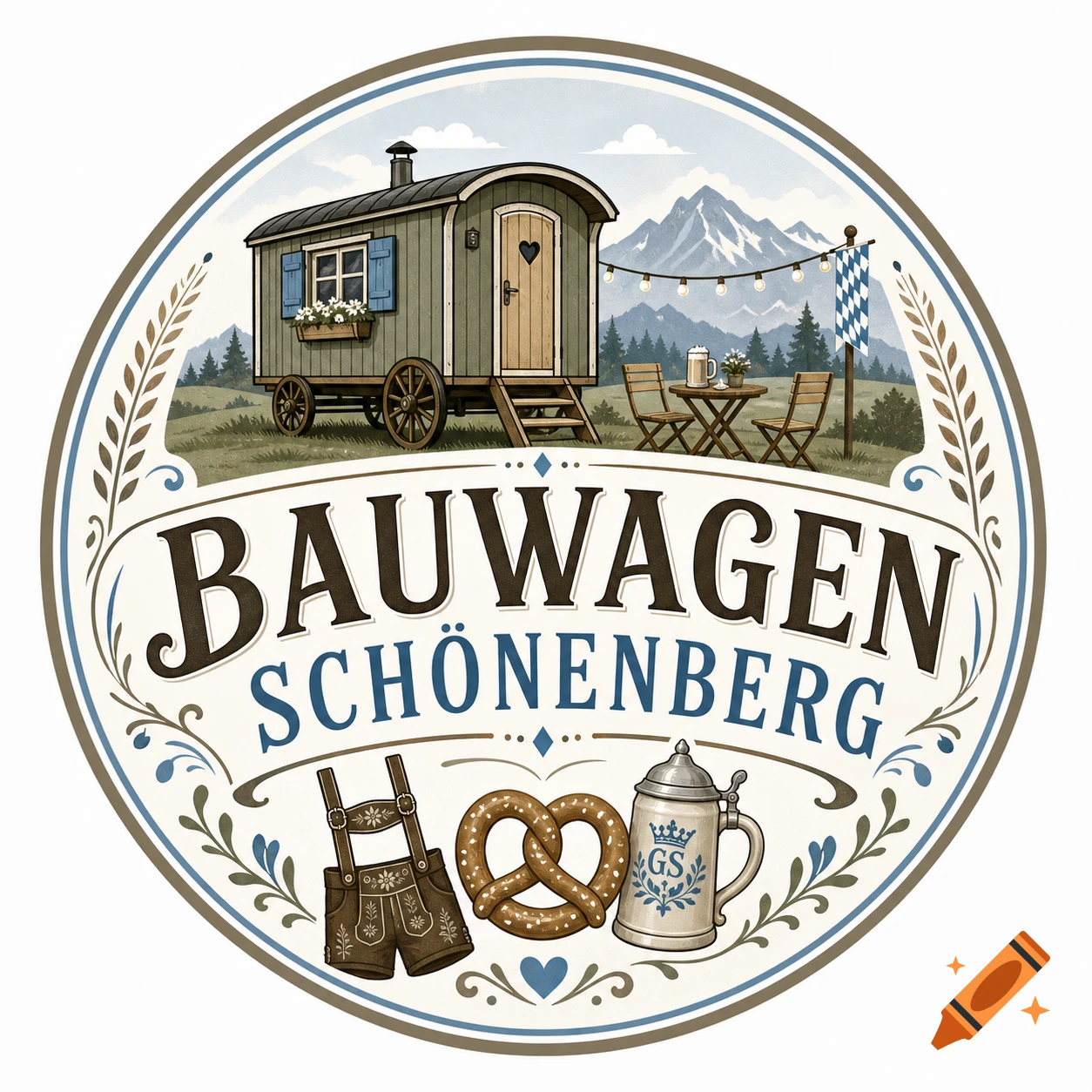 Round Bavarian logo with vintage caravan, mountains, pretzels, beer stein, and text 'BAUWAGEN SCHÖNENBERG'.