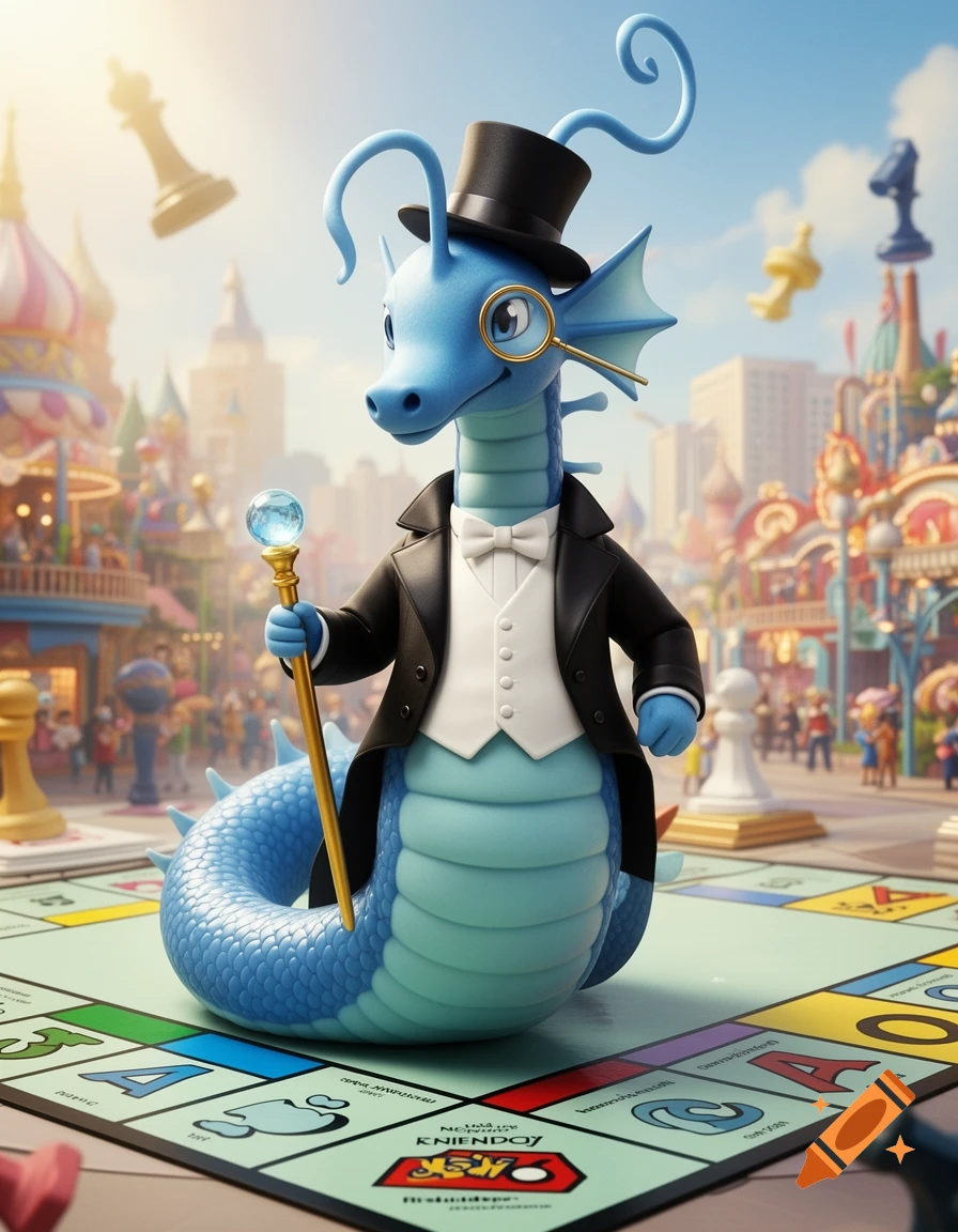 A blue Kingdra Pokémon, dressed as Mr. Monopoly in a top hat, monocle, and tuxedo, stands on a game board in a vibrant city background.