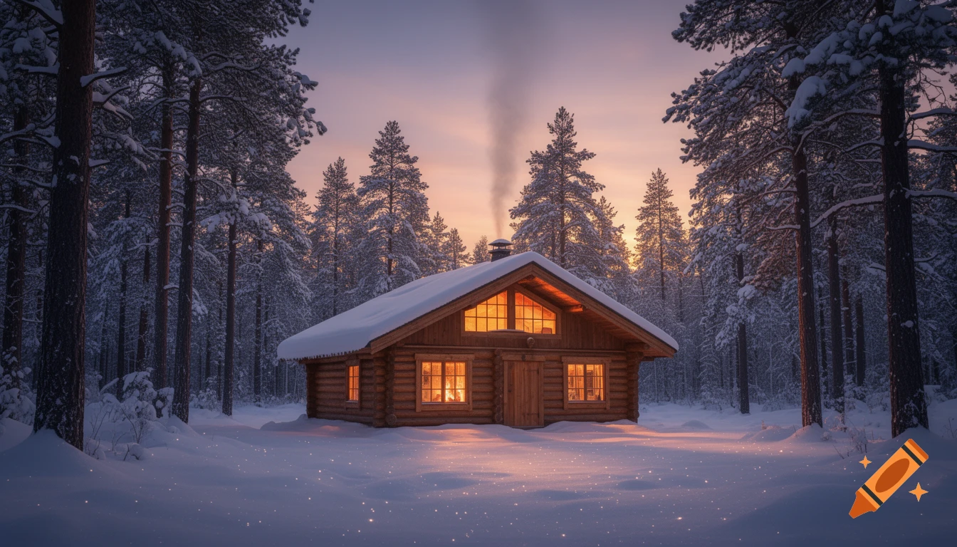 A cozy wooden cabin with warm glowing windows in a snow-covered forest at sunset, with smoke rising from the chimney. Photorealistic.