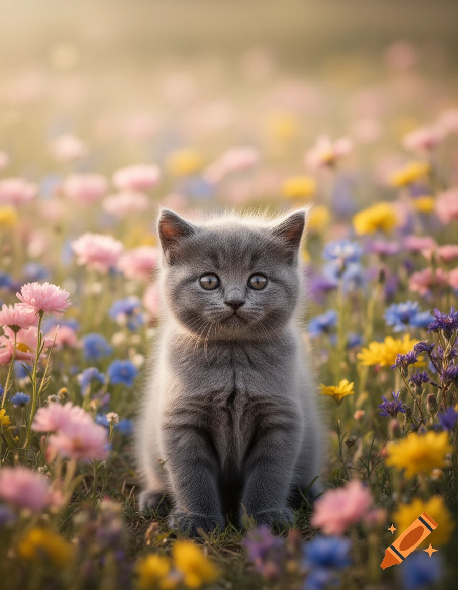 Photorealistic gray fluffy kitten sitting in a vibrant field of pink, yellow, and blue wildflowers.