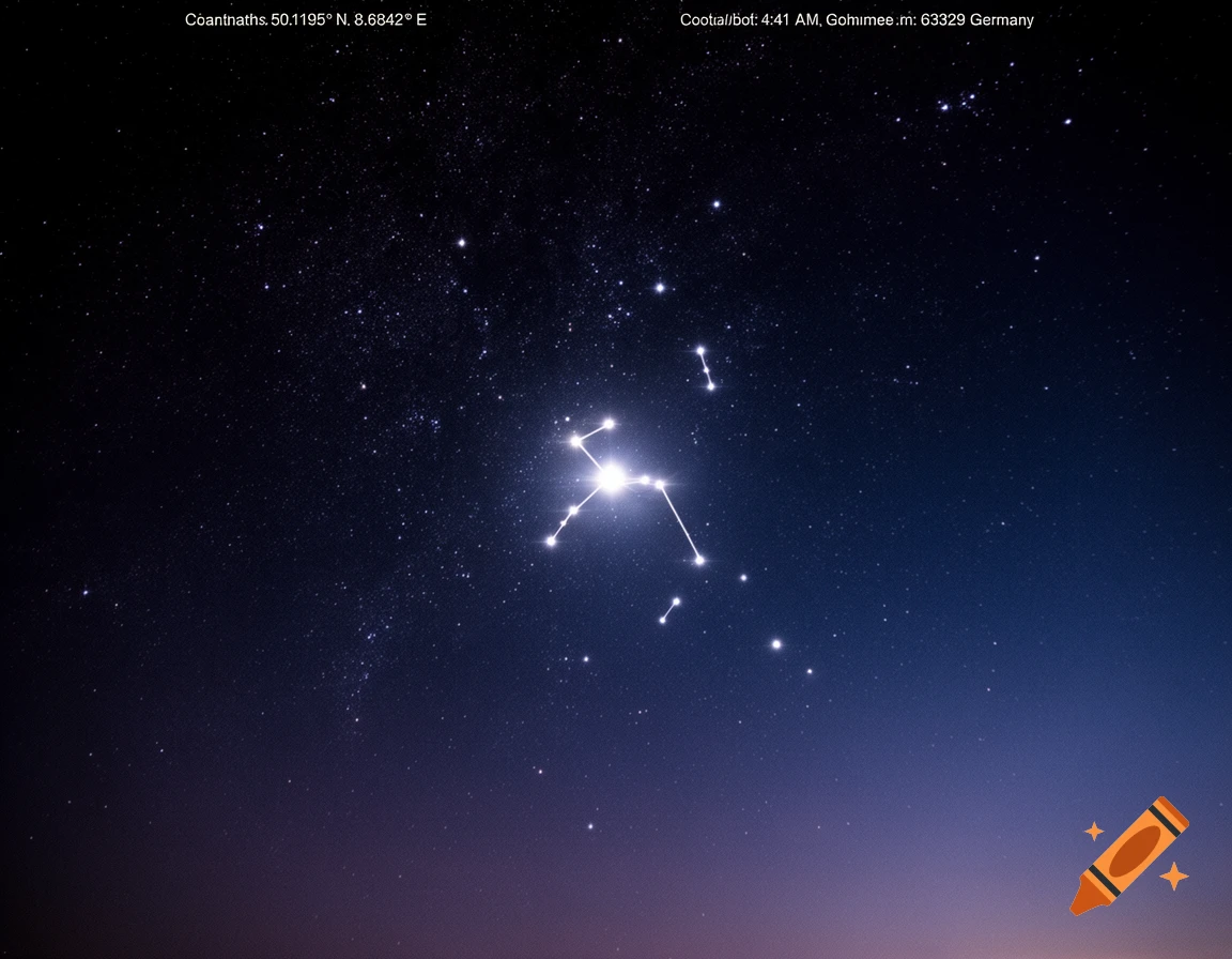 A dark blue starry night sky showing a constellation formed by bright stars, with a soft gradient to purple at the bottom horizon.