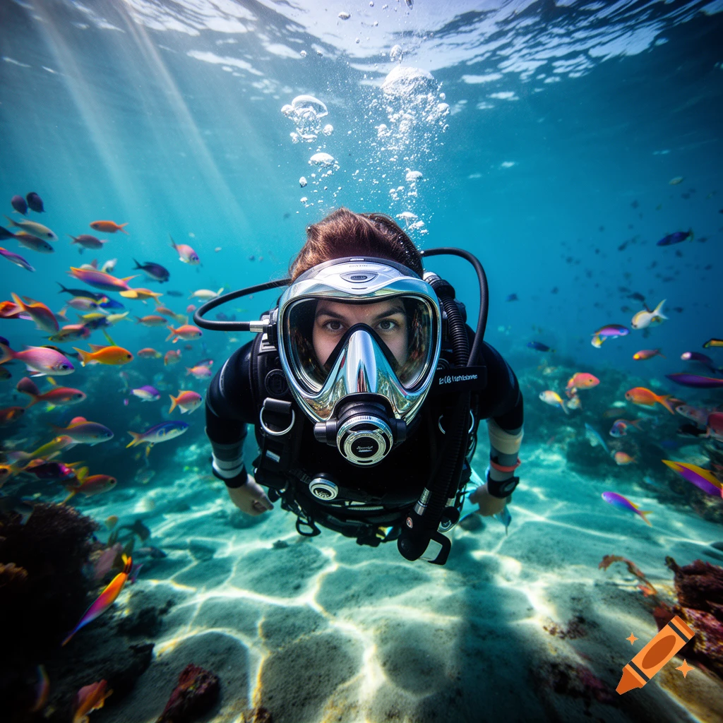 A person in full scuba gear looks directly at the camera underwater, surrounded by schools of colorful fish, with sunlight streaming from above.