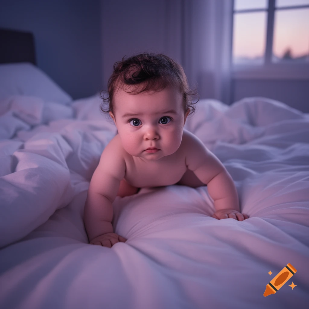 A cute photorealistic baby with curly hair and big eyes crawls on a white bed, looking at the viewer in soft twilight.