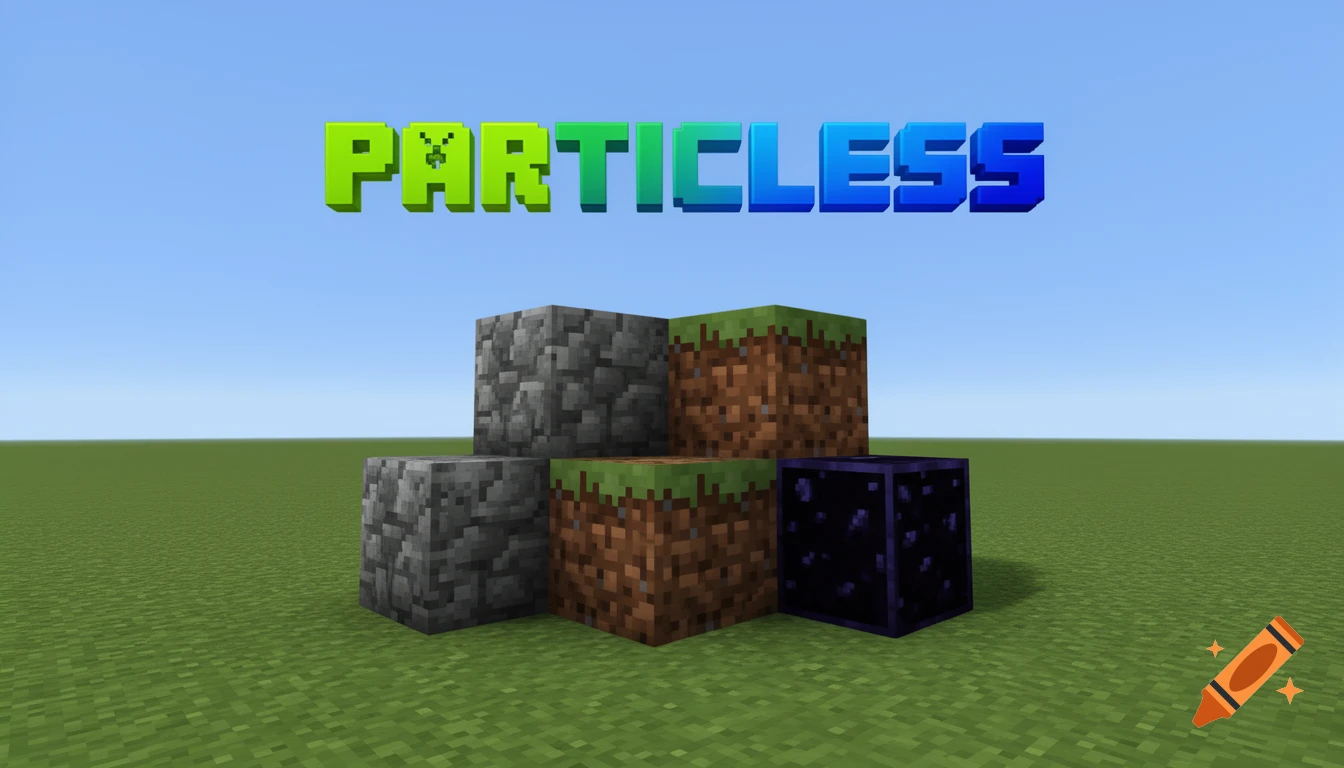 Minecraft blocks of cobblestone, dirt, and obsidian on a grassy field under a blue sky, with the green and blue text 'PARTICLESS' floating above.