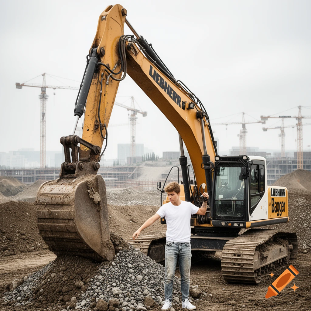 A young man stands in front of a large yellow Liebherr excavator at a construction site with cranes in the background, photorealistic style.