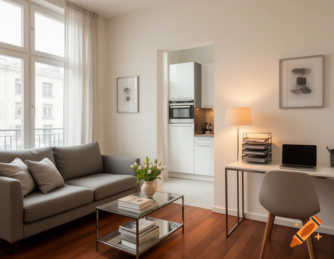 A bright, modern studio apartment featuring a gray sofa, a glass coffee table with books and flowers, a desk with a laptop, and a glimpse of a white kitchen.
