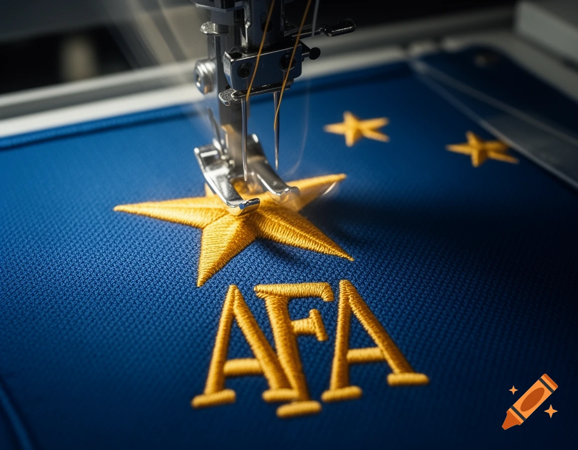 Close-up of an embroidery machine stitching a golden AFA logo and stars onto dark blue fabric.