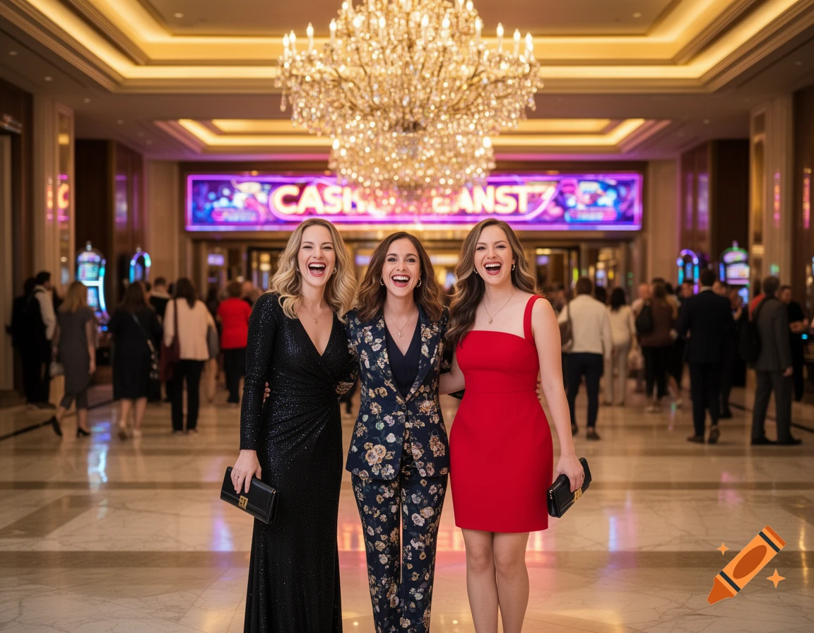 Three smiling women in elegant dresses posing in a lavish casino lobby with a chandelier and slot machines.