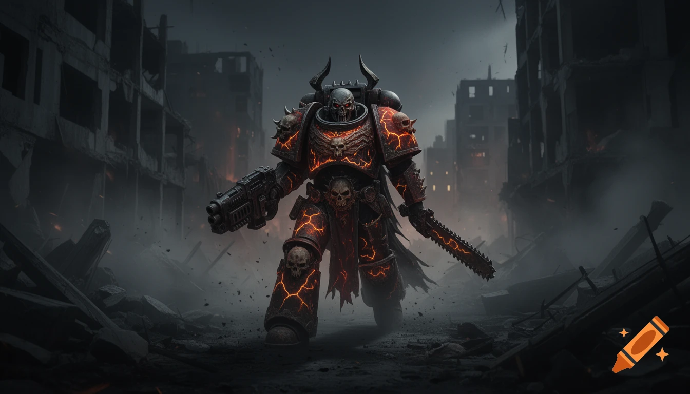 A menacing Chaos Space Marine in dark, skull-adorned, lava-cracked armor wields a gun and chainsaw in a ruined city.