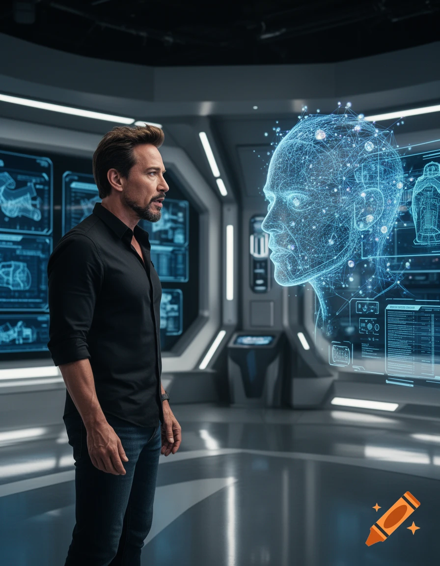 Photorealistic image of Tony Stark in a futuristic lab, looking at a glowing blue wireframe holographic human head.
