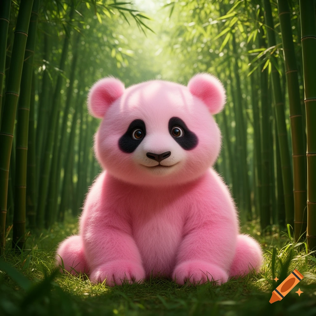 A fluffy pink panda with black eye patches sits in a lush green bamboo forest, gazing forward.