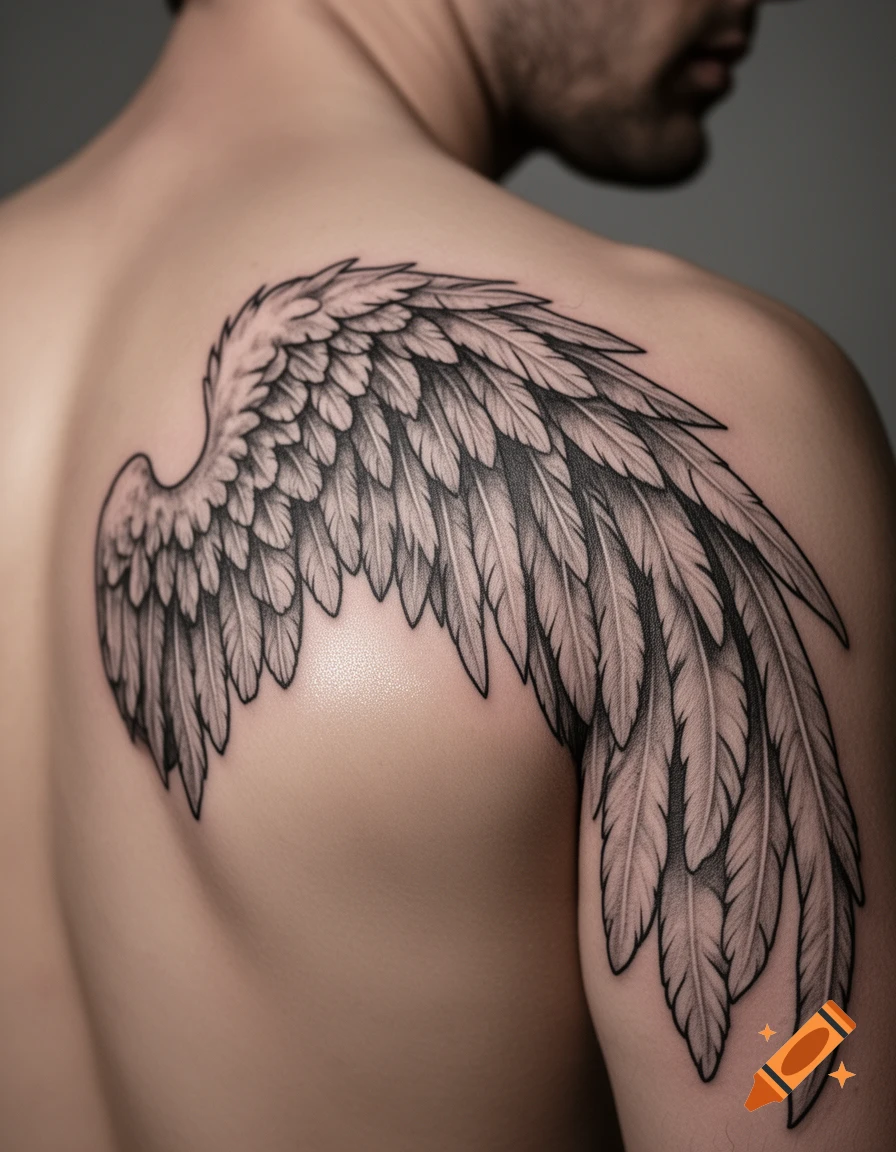 A realistic black and white angel wing tattoo covers a person's back and shoulder.