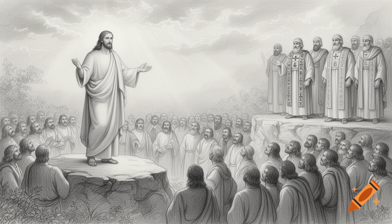 Pencil drawing of Jesus preaching to a large crowd from a rock, with pharisees standing on another rock to the right.