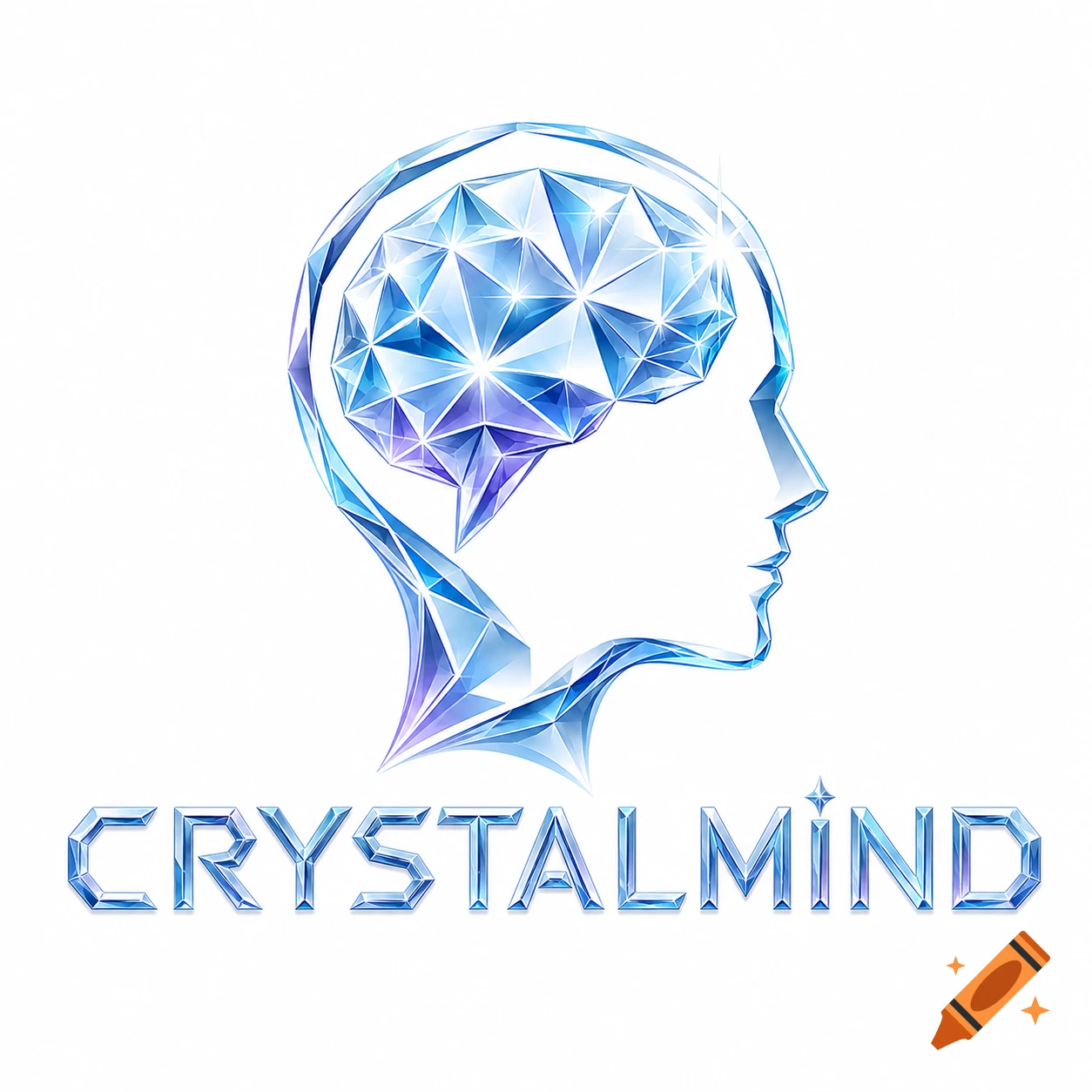 A minimalist logo features a side profile of a human head with a faceted blue crystal brain, above the text 'CRYSTALMIND' in crystal-like font on a white background.