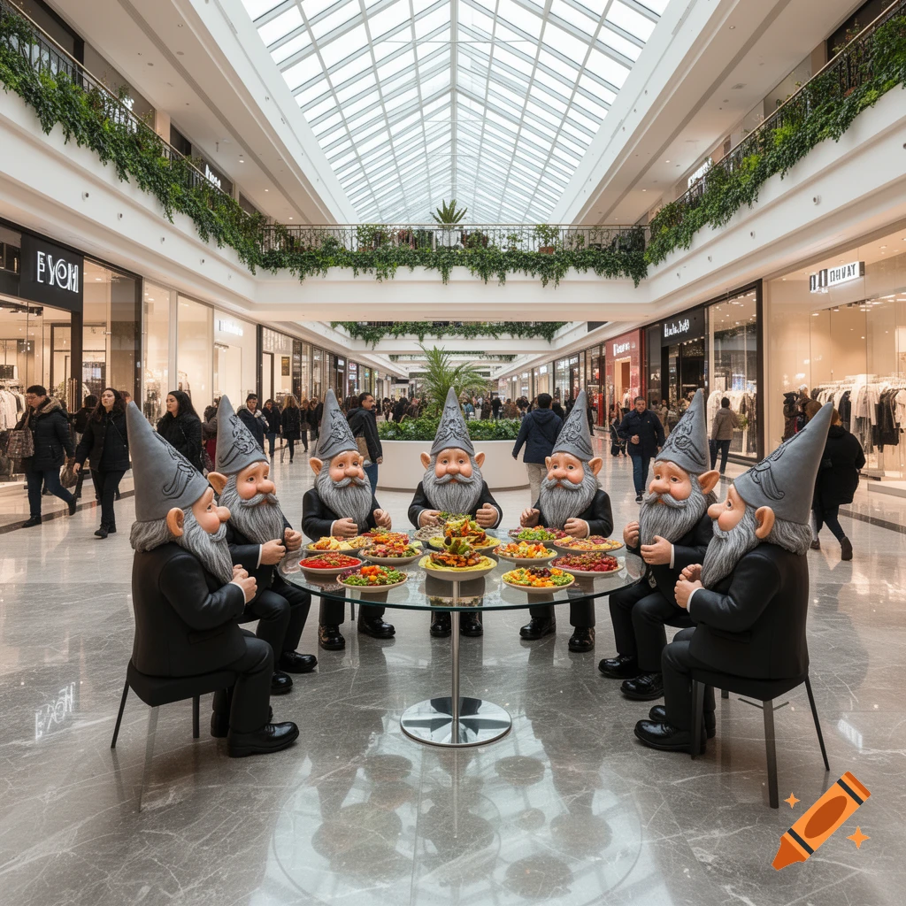 Six garden gnome statues in black suits and grey hats sit at a glass table laden with food in a bustling shopping mall.