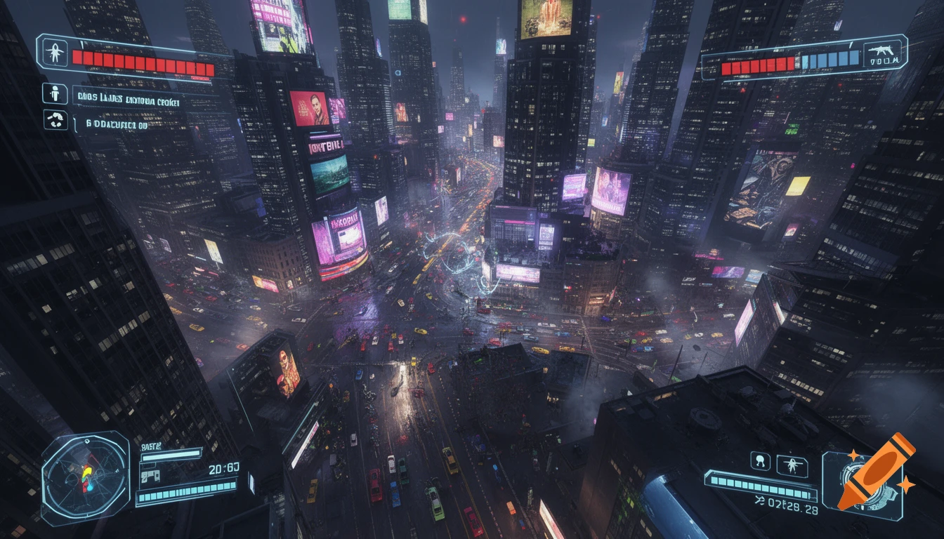 A high-angle view of a dark, futuristic cyberpunk city at night with glowing billboards and busy streets, overlaid with a video game HUD.