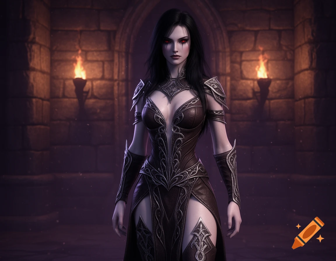 A pale female fantasy character with long dark hair and red eyes, wearing ornate dark leather armor, stands in a stone archway lit by torches.