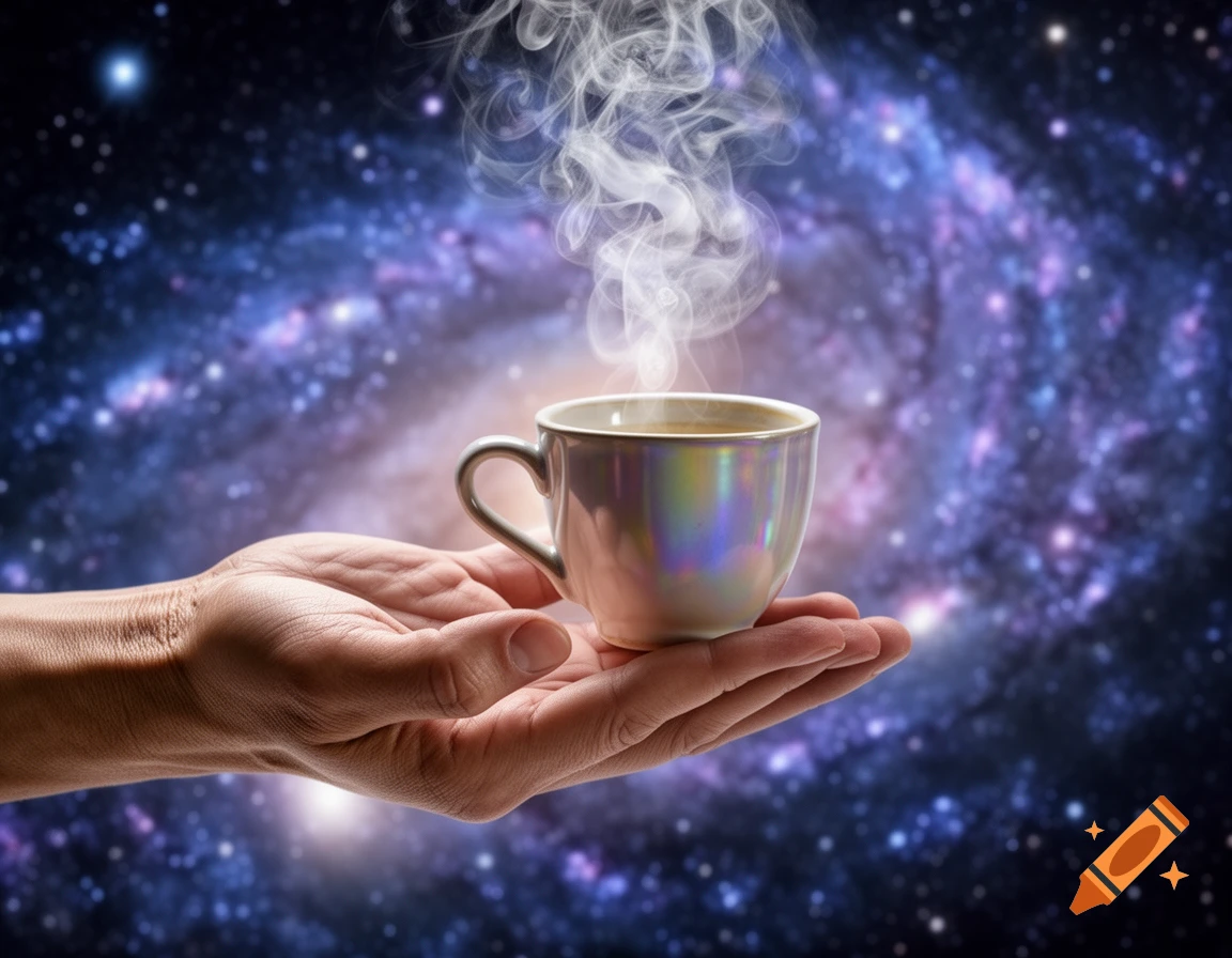 A hand gently holds a steaming iridescent coffee cup against a vibrant, swirling galaxy backdrop, photorealistic style.