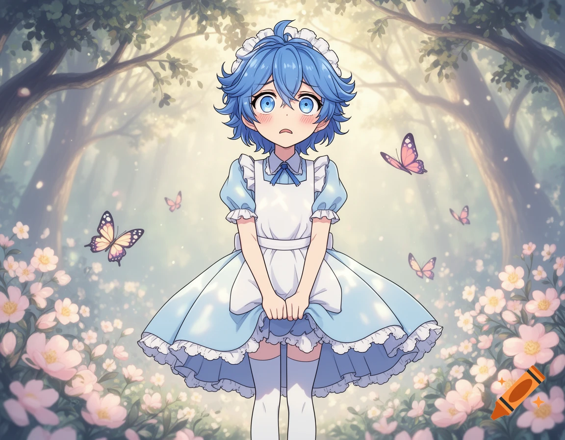 Anime boy Iruma Suzuki in an Alice in Wonderland dress looks embarrassed in a light-filled forest with pink flowers and butterflies.