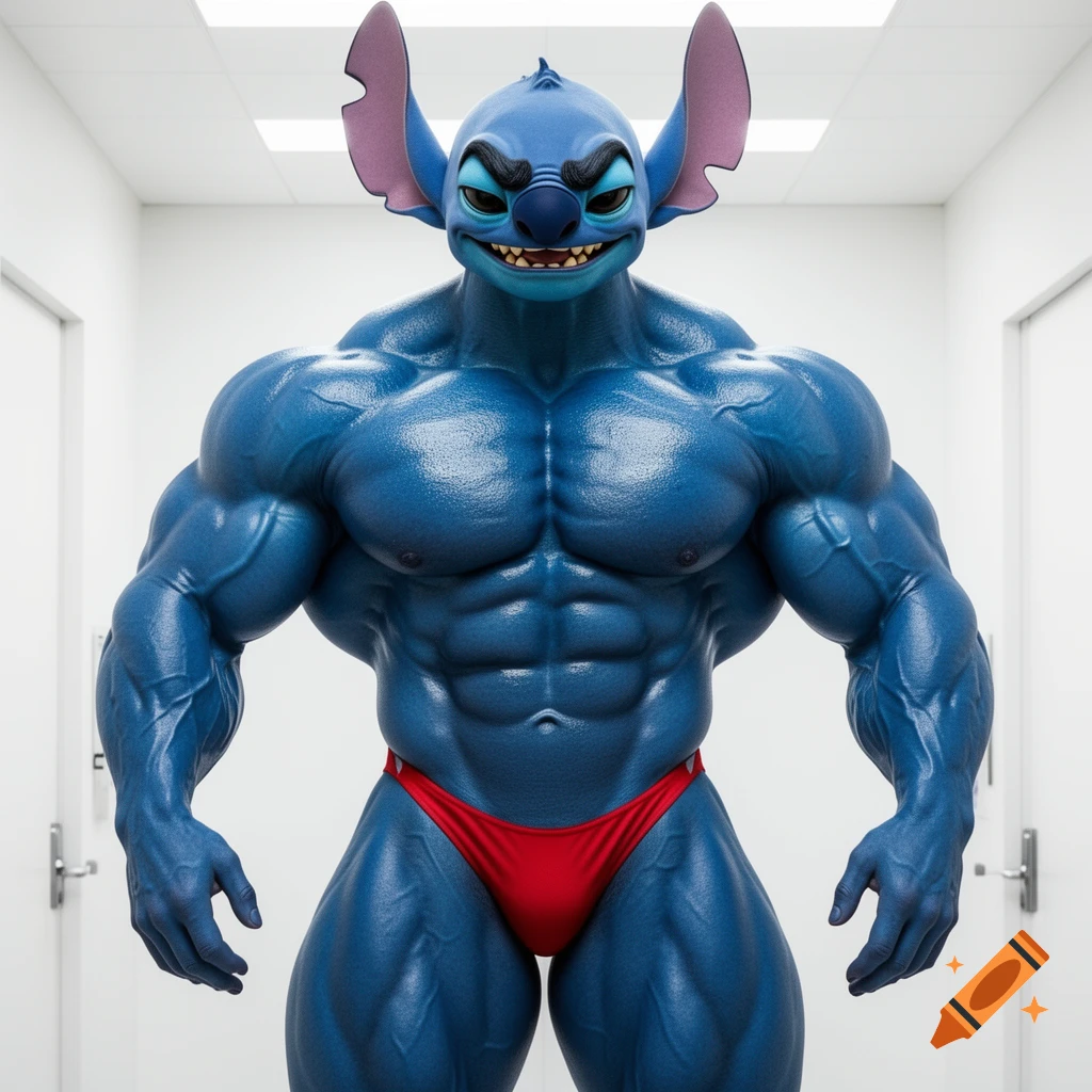 A hyper-realistic blue Stitch bodybuilder with massive muscles and a red posing thong stands in a well-lit white room, smiling arrogantly.