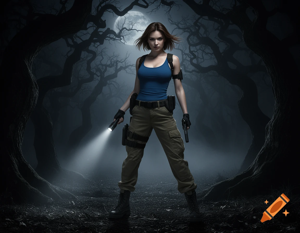 A woman resembling Jill Valentine in tactical gear holds a flashlight and a pistol in a dark, misty forest under a full moon.
