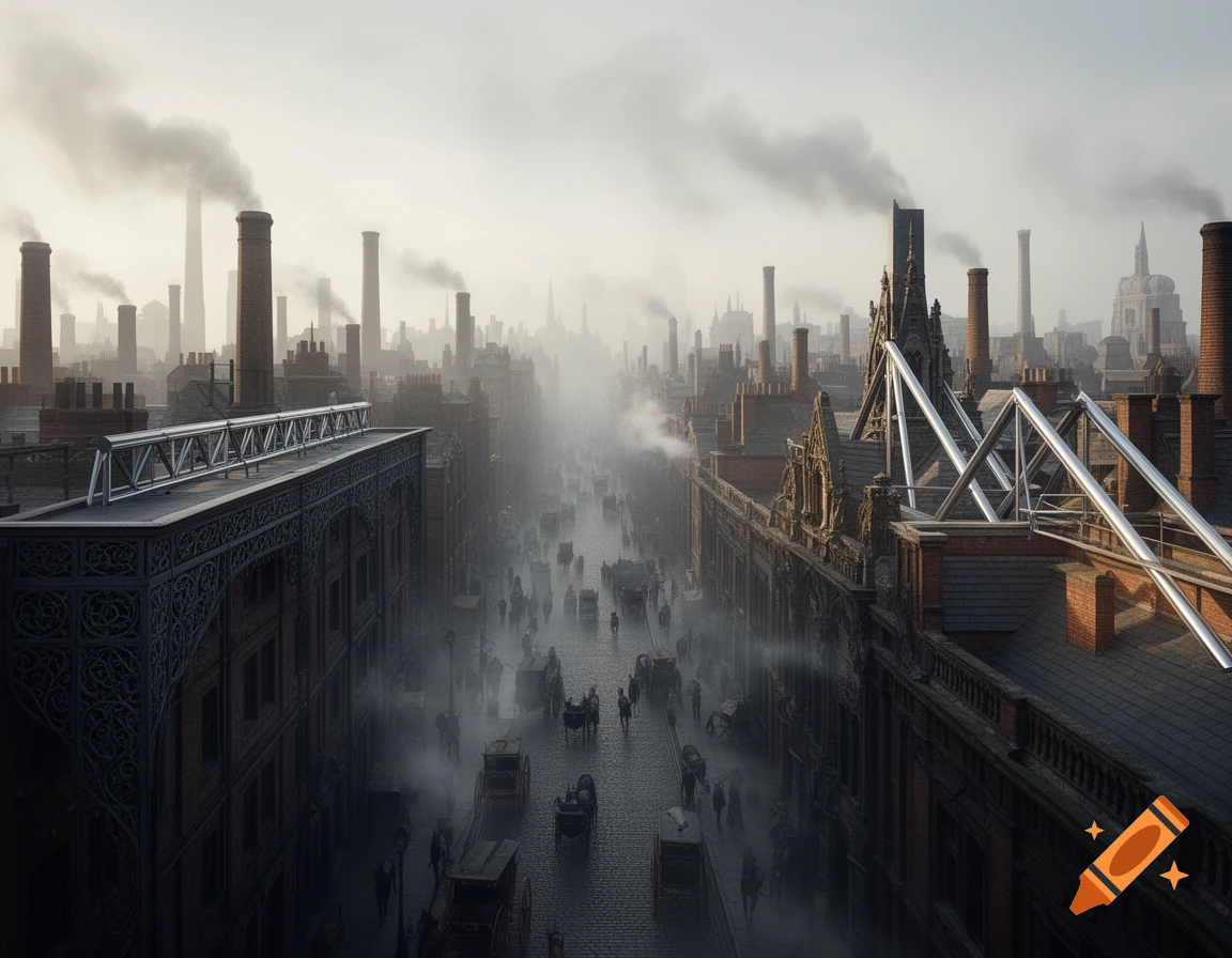 A foggy, high-angle view of a bustling Victorian-era industrial city street with smoking chimneys and modern steel architecture.