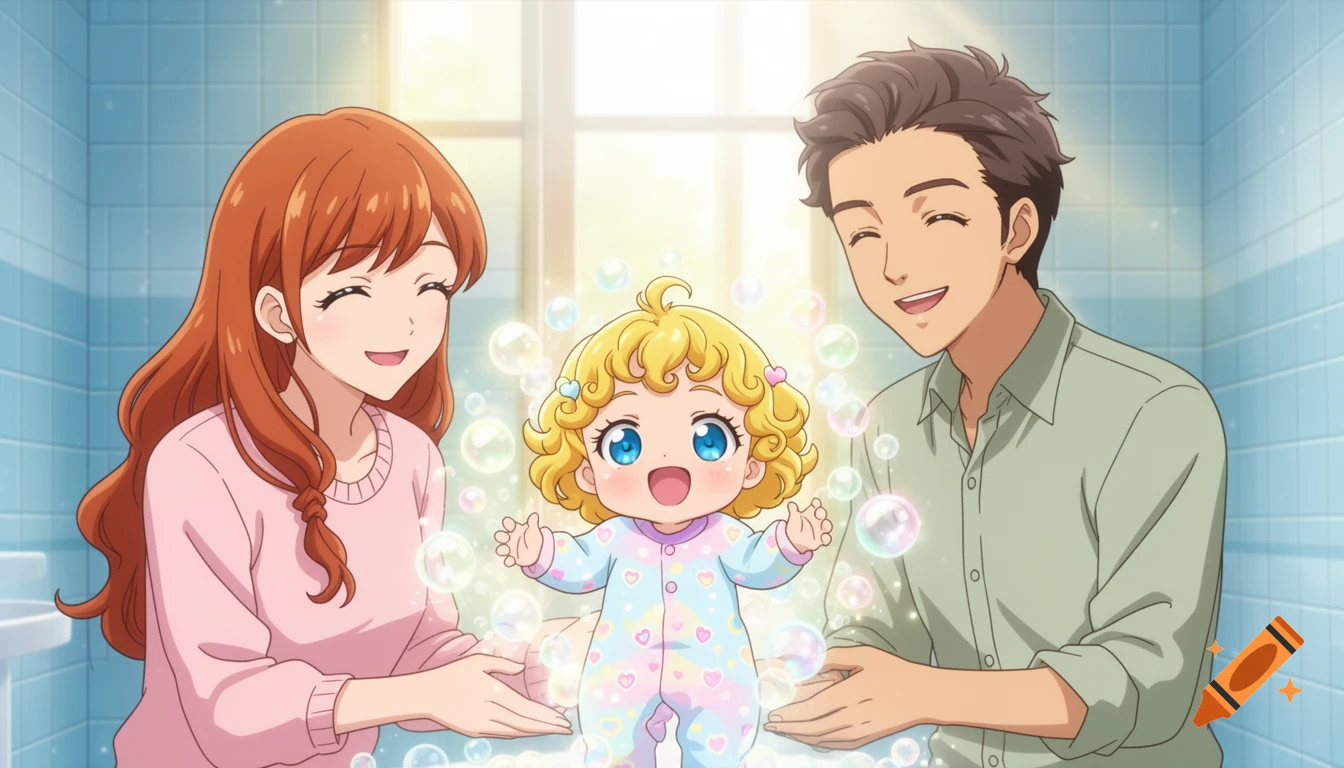 Anime scene of a smiling mother, father, and happy baby surrounded by magical bubbles in a bright, tiled room.
