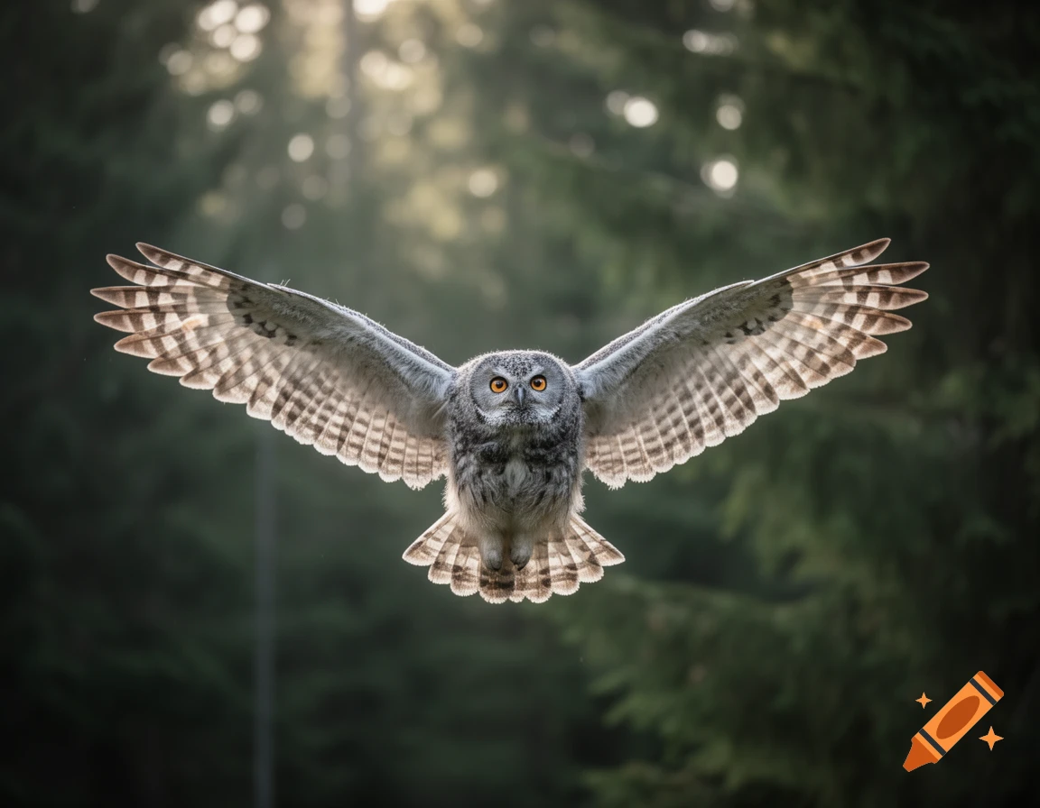 A great grey owl with outstretched wings flies forward, backlit by sunlight filtering through forest trees.